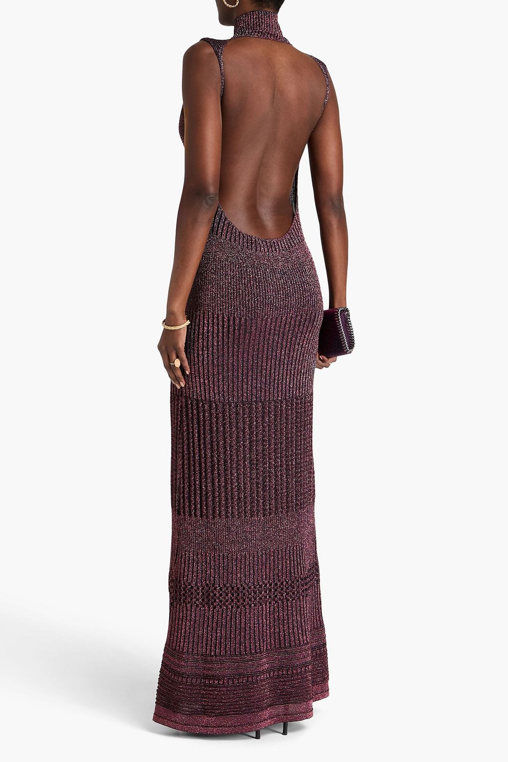 MISSONI فستان طويل من نسيج بحبكة الجاكار مكشوف الظهر بلون ميتاليك