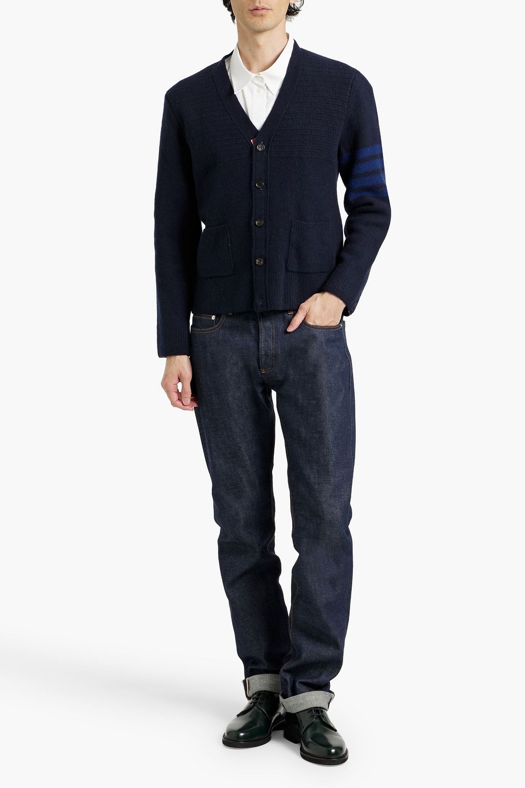 THOM BROWNE Striped wool and cashmere-blend cardigan
