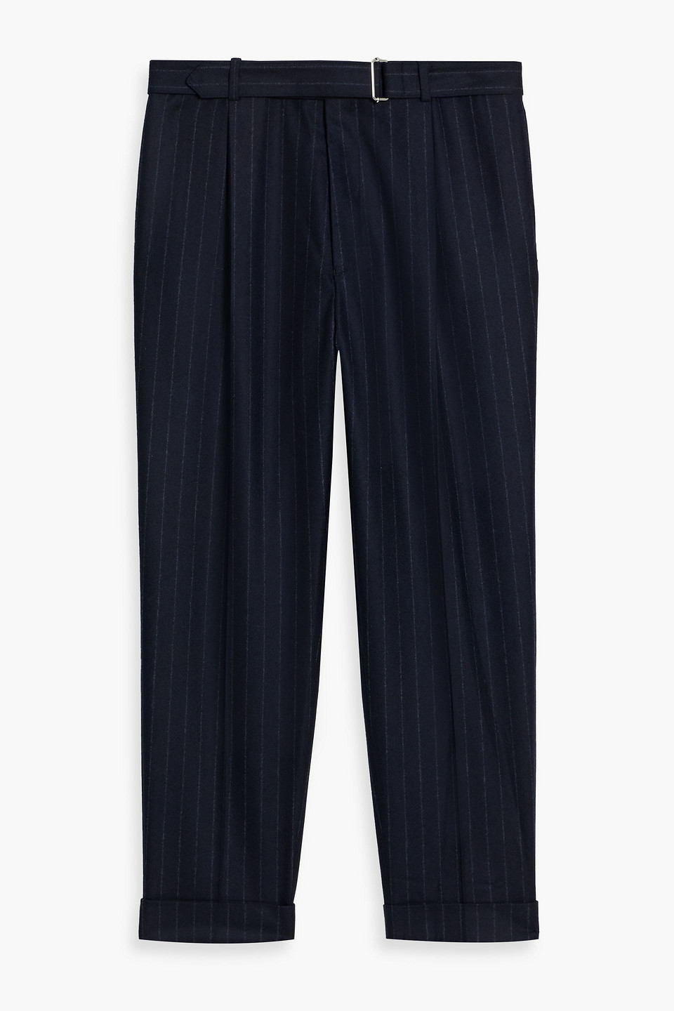 Officine Generale Belted Pinstriped Wool Pants In Blue