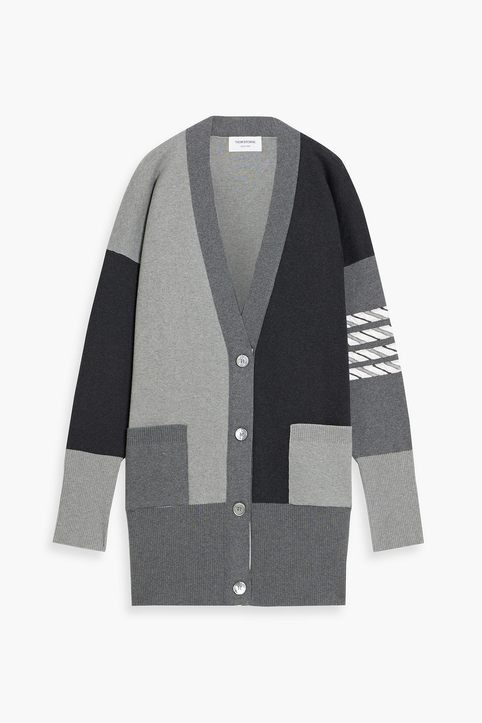 Thom Browne Patchwork-effect Striped Cotton Cardigan In Gray