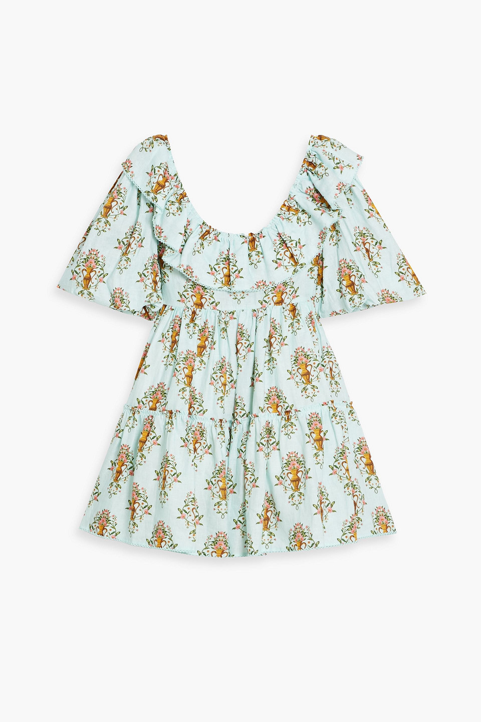 Agua By Agua Bendita Flor Remedios Ruffled Printed Linen Mini Dress In Sky Blue