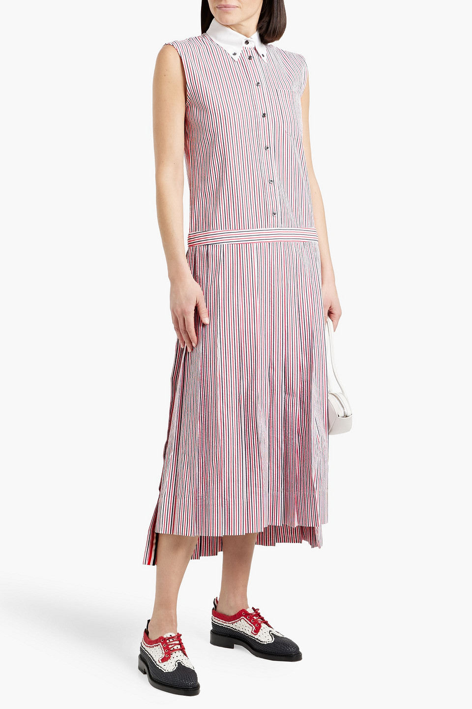 Thom Browne Striped Cotton-seersucker Maxi Shirt Dress In Red