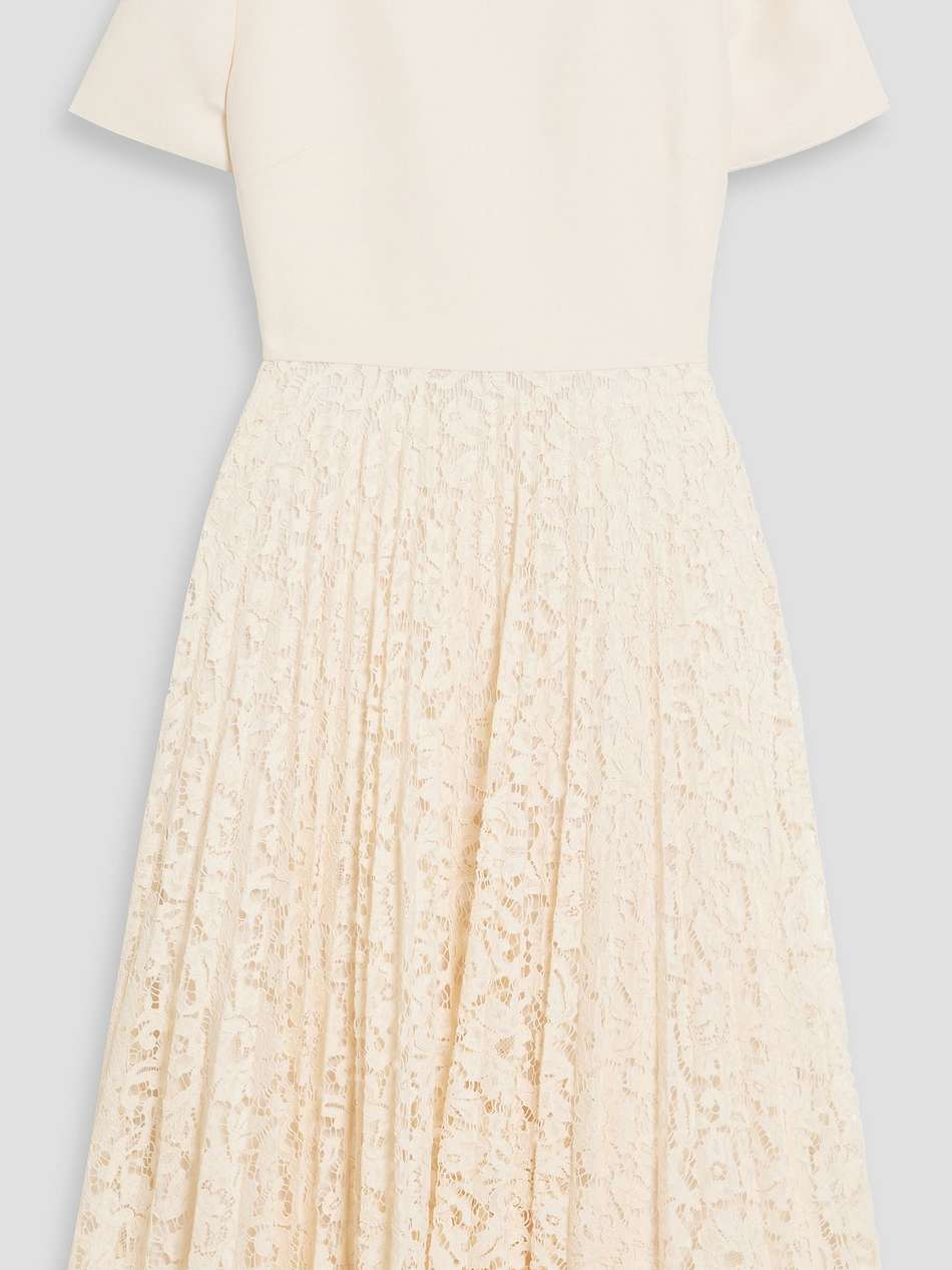 pleated crepe and corded lace midi dress