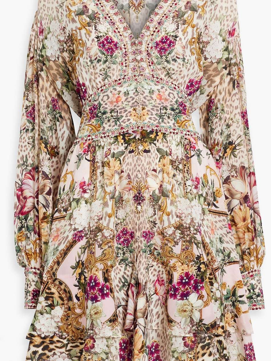 embellished printed silk crepe de chine mini dress