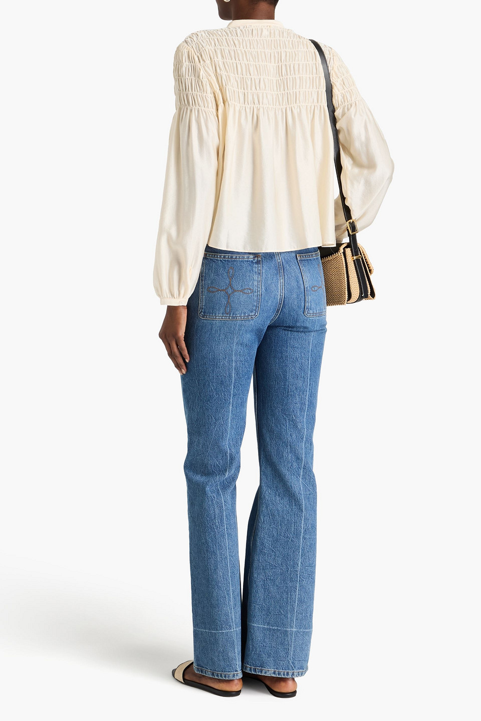 FRAME SMOCKED SILK AND COTTON-BLEND JACQUARD BLOUSE