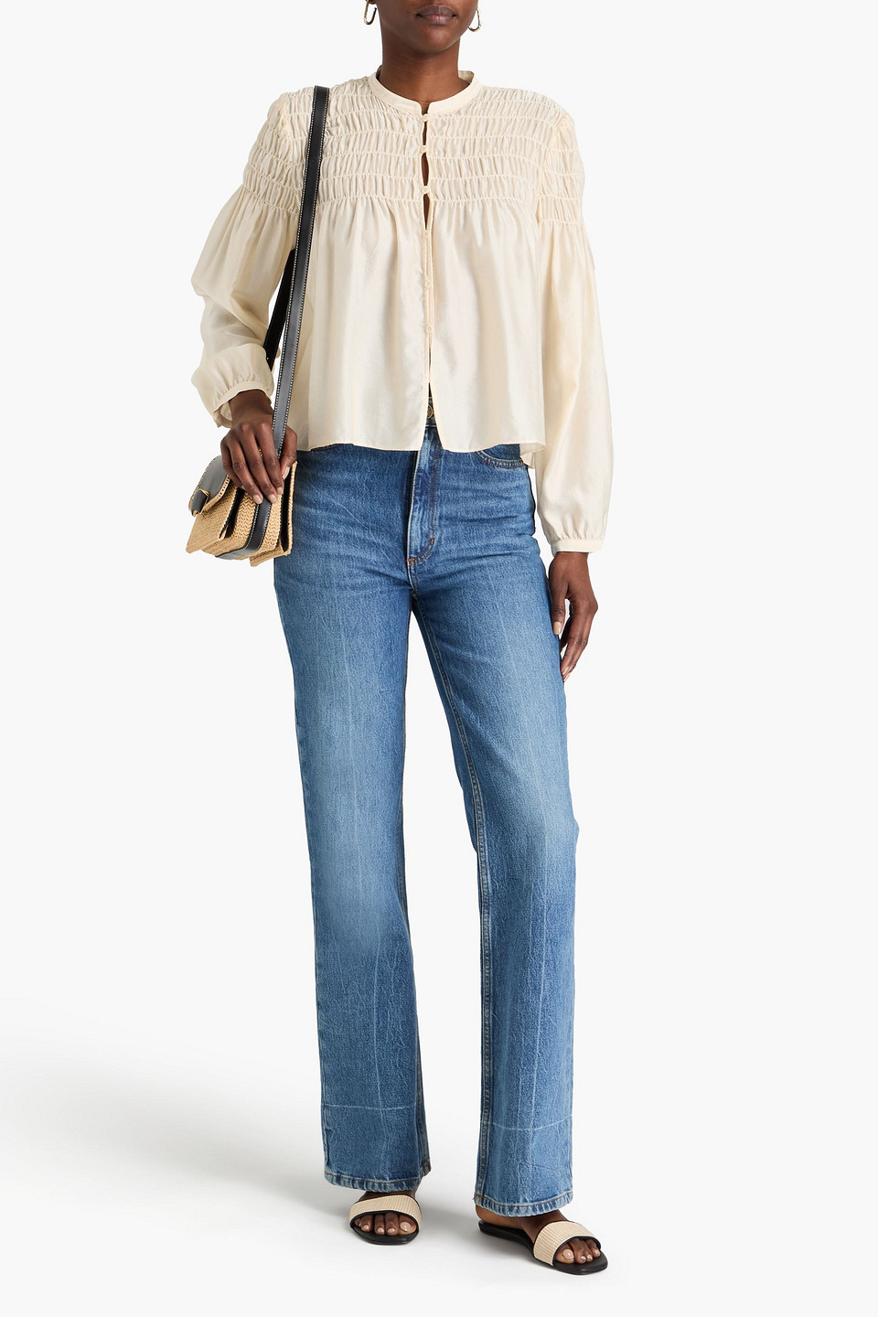 FRAME SMOCKED SILK AND COTTON-BLEND JACQUARD BLOUSE