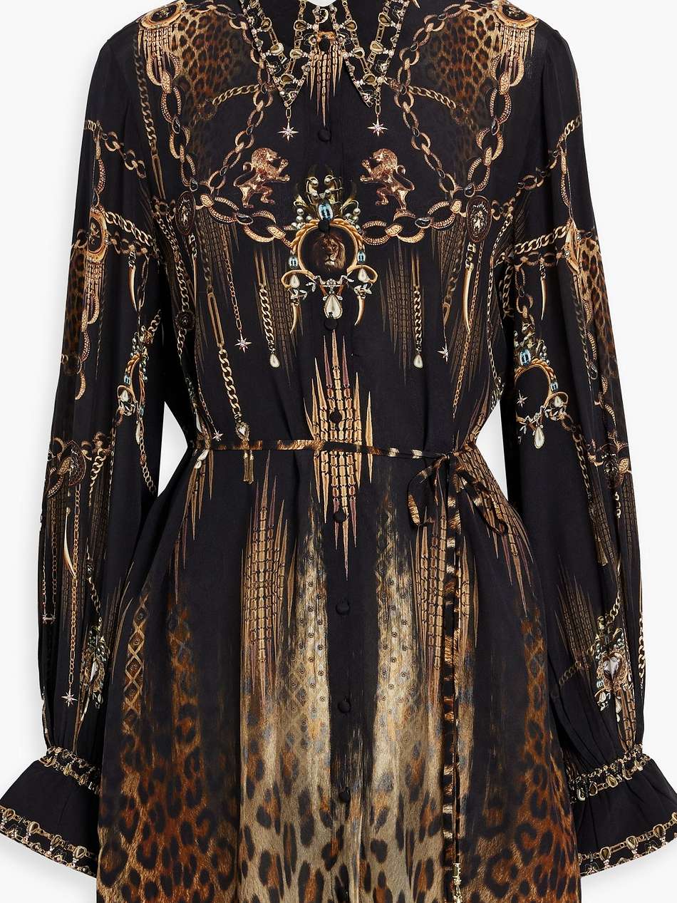 embellished printed silk crepe de chine mini shirt dress