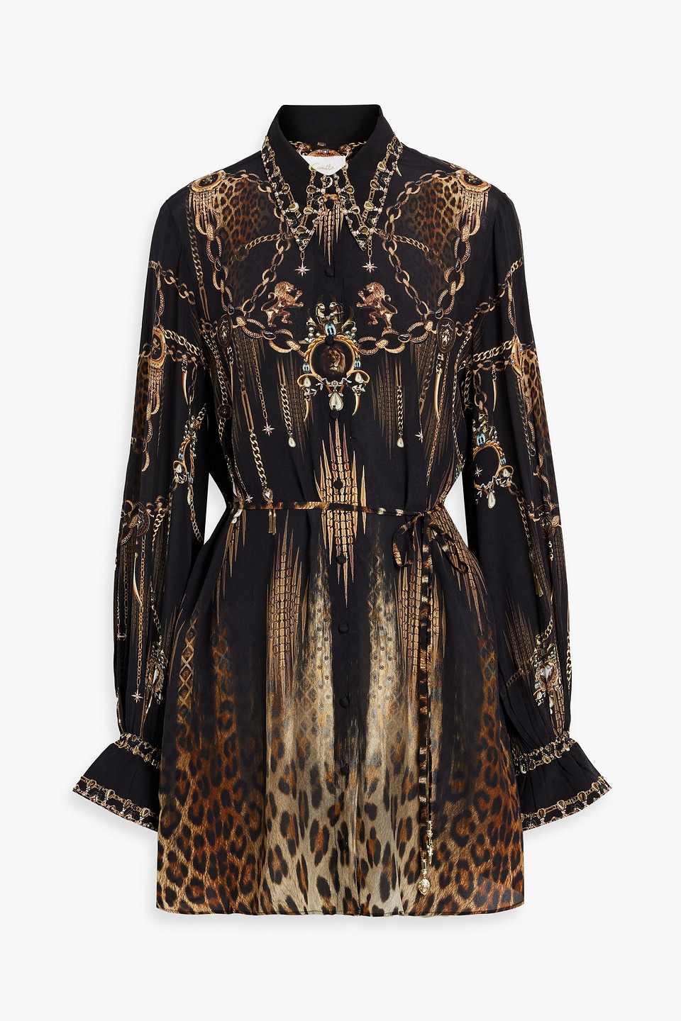 Camilla Embellished Printed Silk Crepe De Chine Mini Shirt Dress In Black