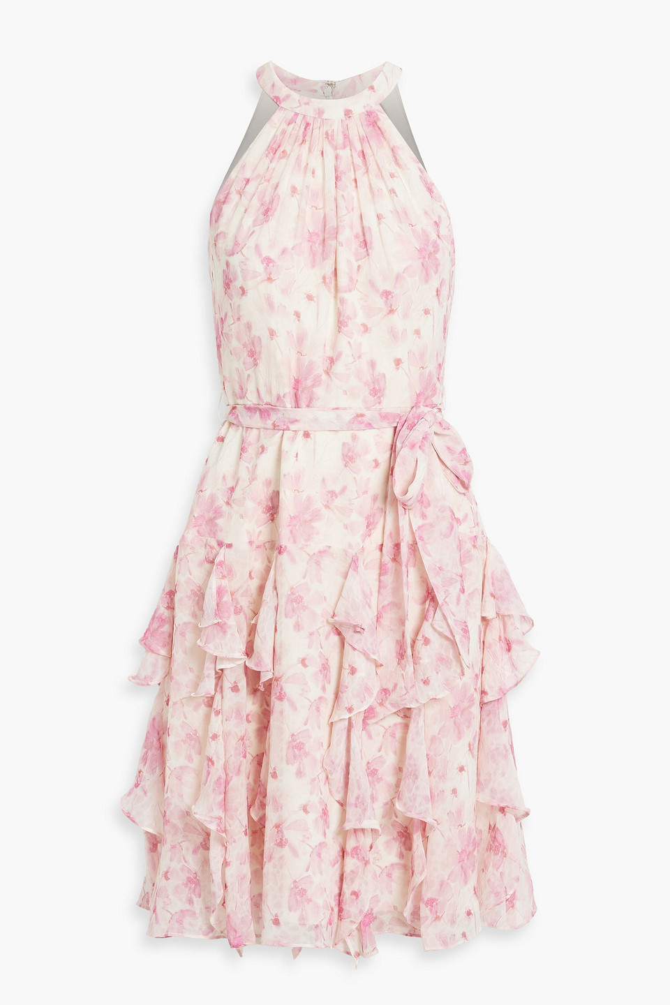Ruffled floral-print jacquard dress
