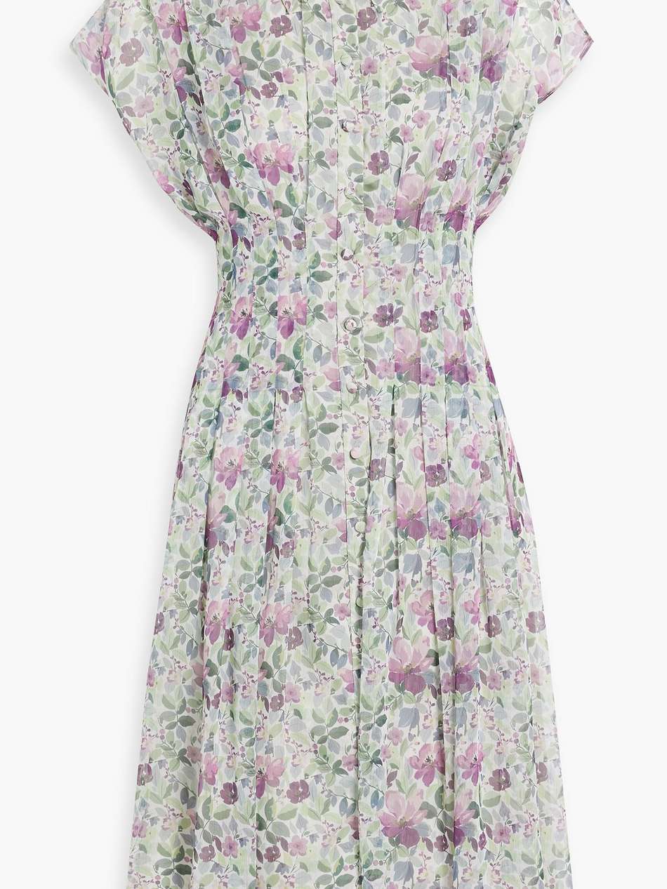 pleated floral-print chiffon midi shirt dress
