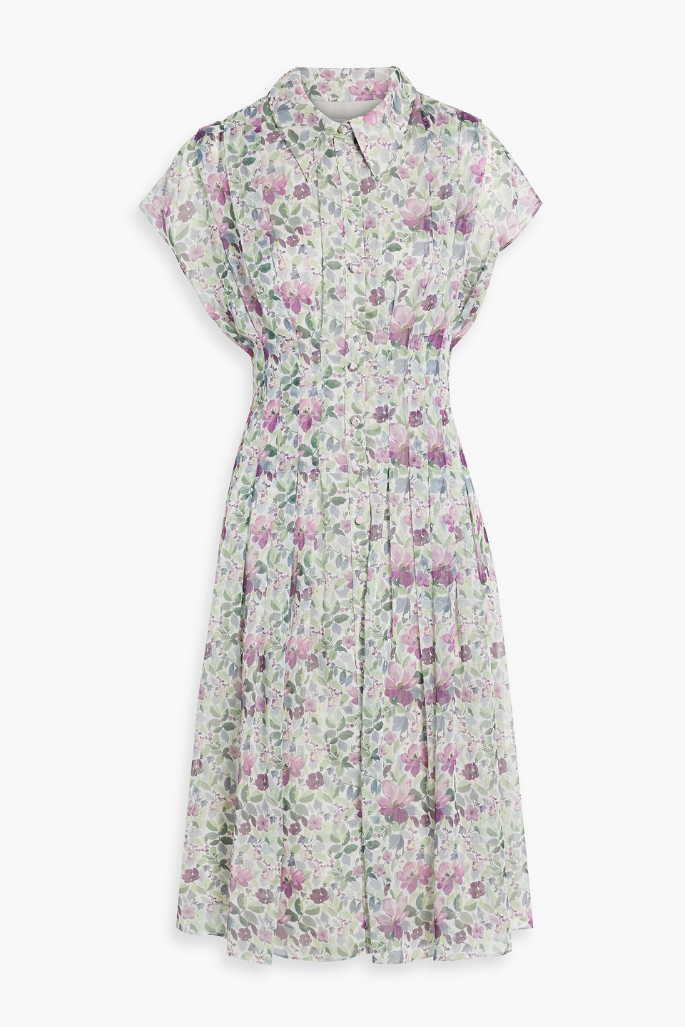 Pleated floral-print chiffon midi shirt dress