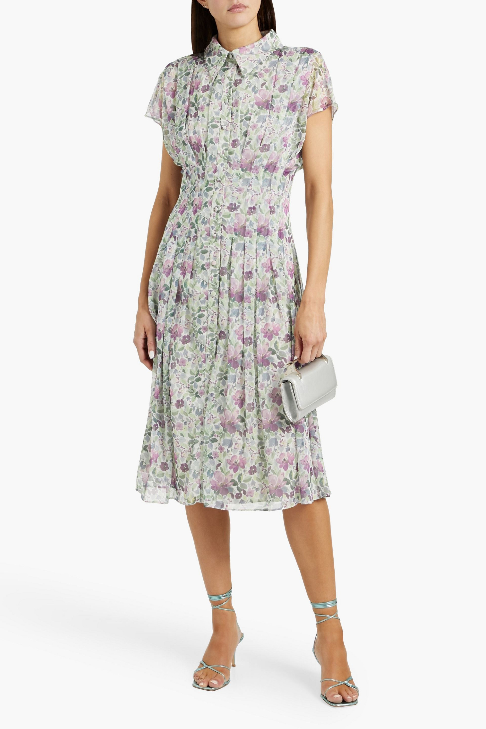 MIKAEL AGHAL Pleated floral-print chiffon midi shirt dress