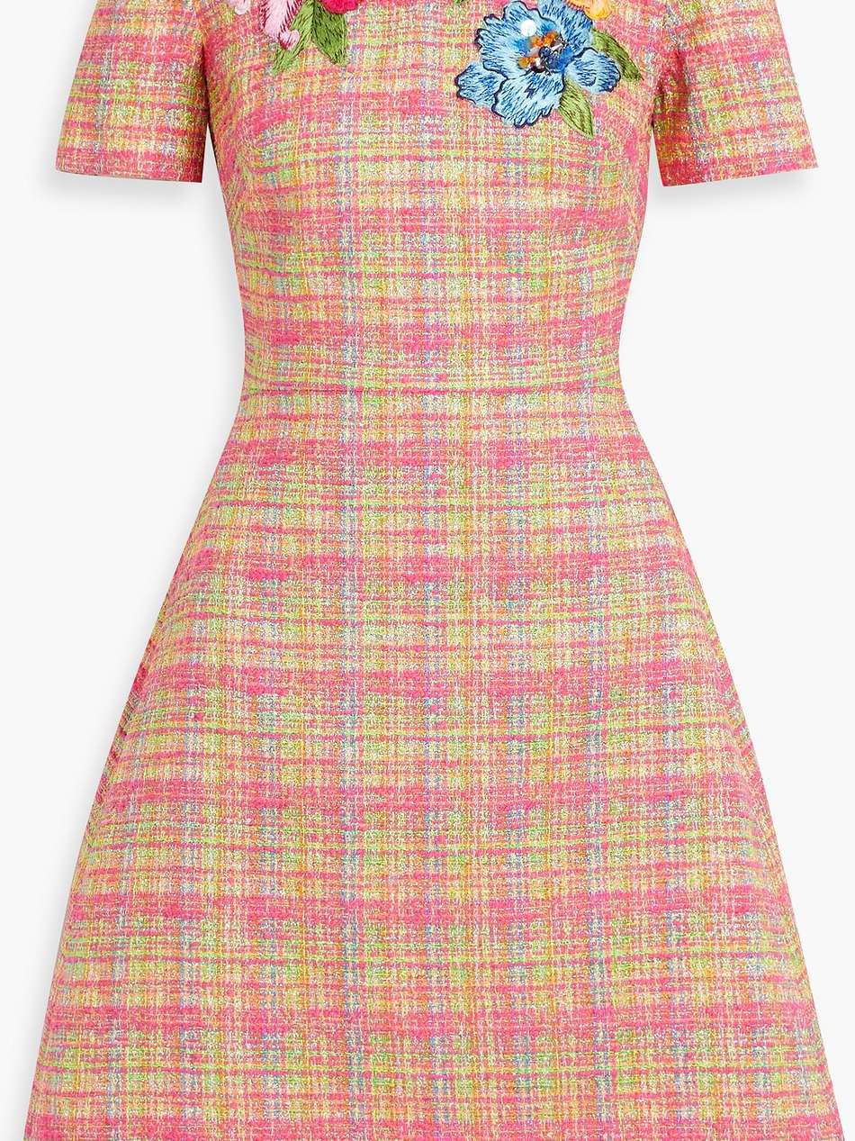 floral-appliquéd metallic tweed dress