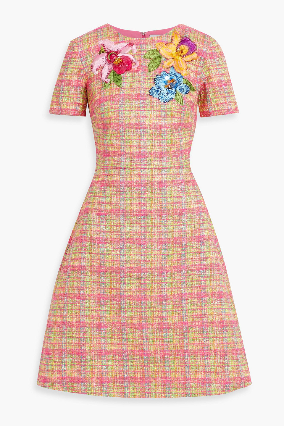 Carolina Herrera Floral-appliquéd Metallic Tweed Dress In Pink