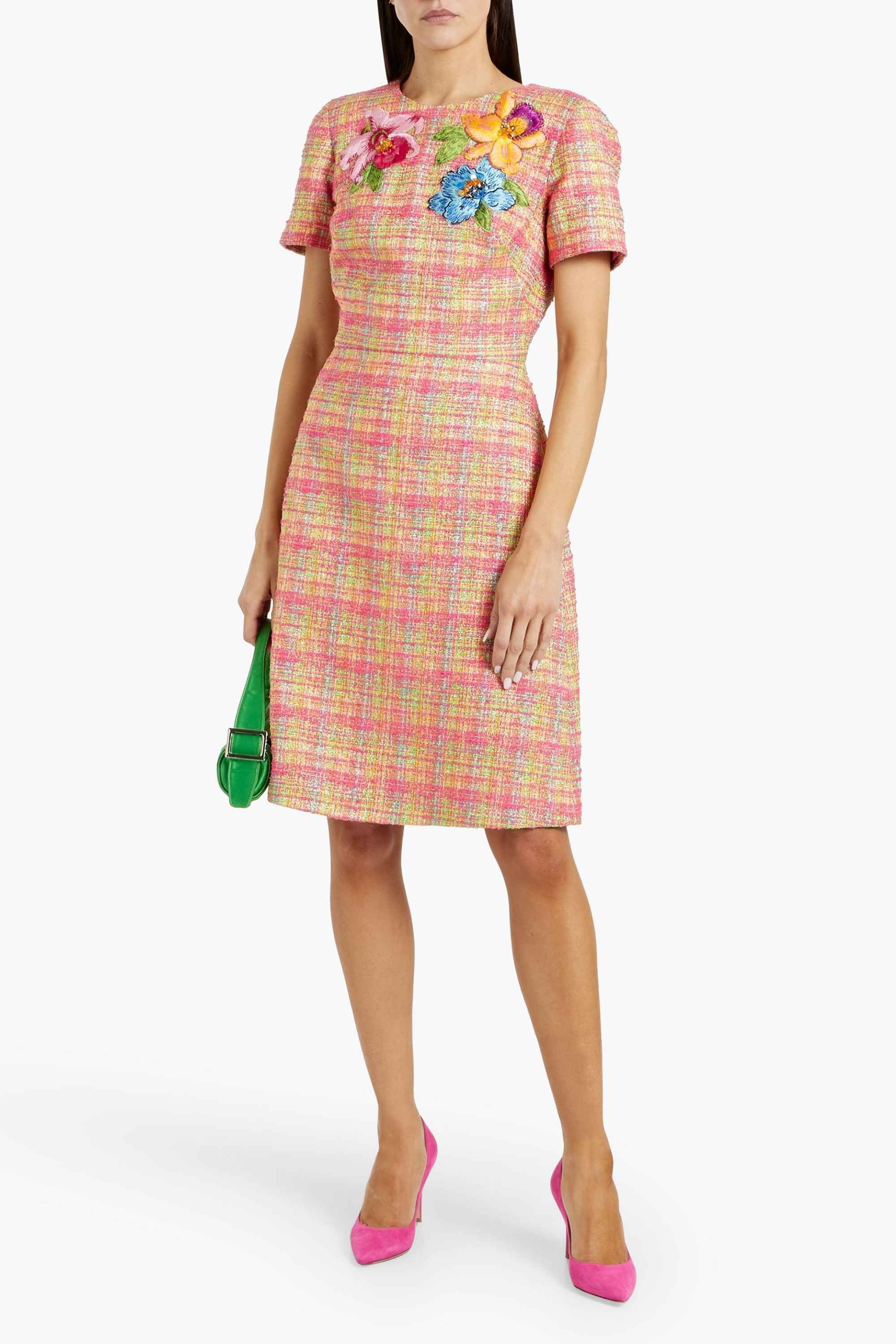 Carolina Herrera Floral-appliquéd metallic tweed dress