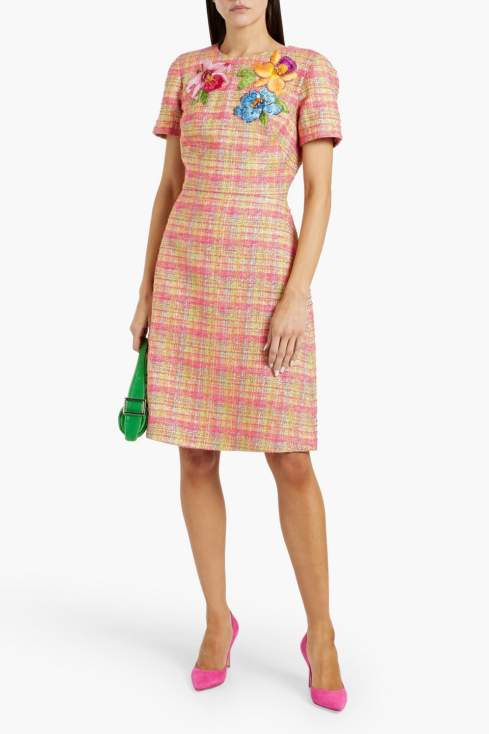 Carolina Herrera Floral-appliquéd Metallic Tweed Dress In Pink