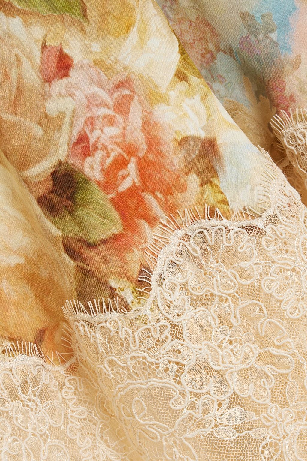 ZIMMERMANN Midikleid aus Crêpe de Chine und schnurgebundener Spitze mit floralem Print