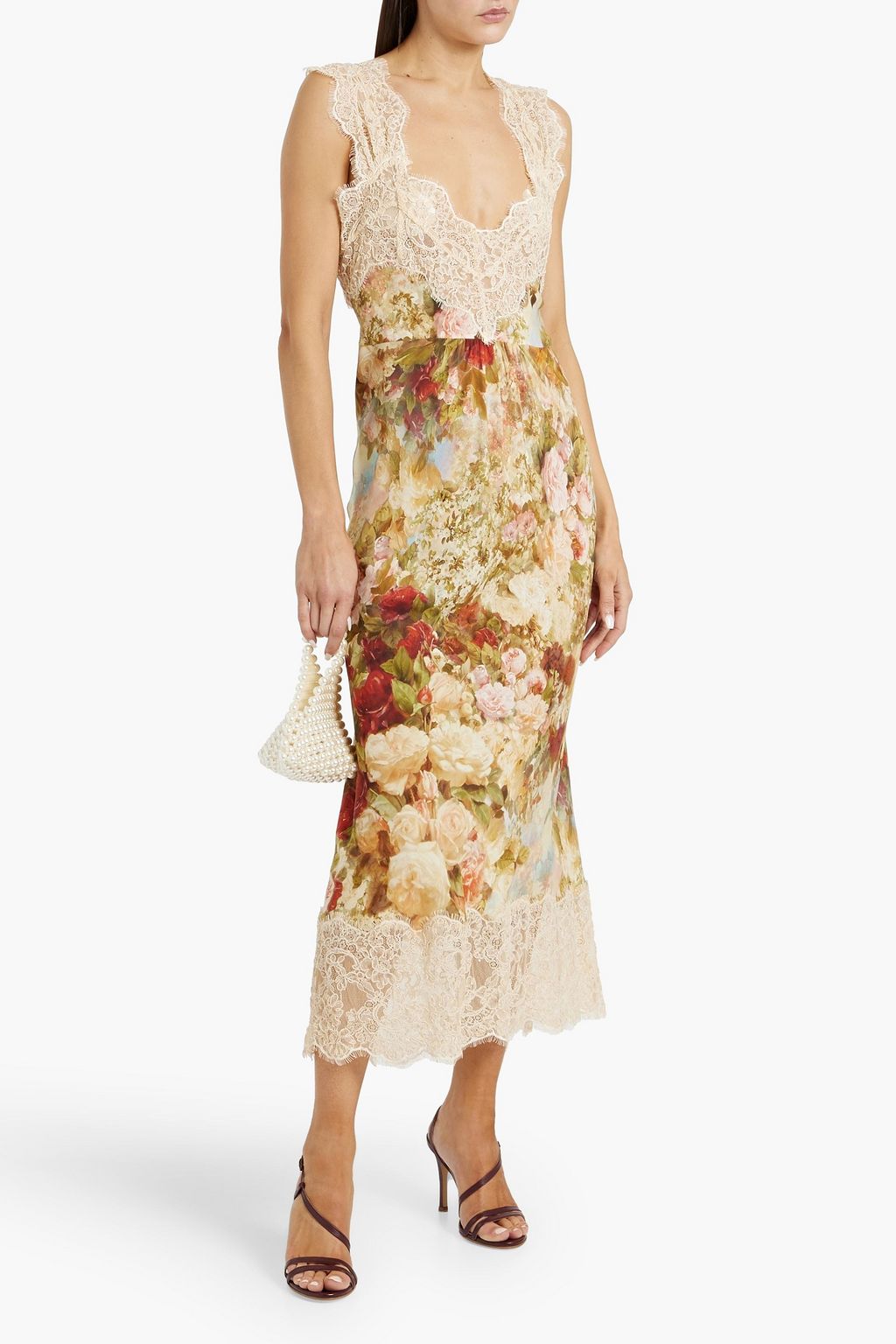 ZIMMERMANN Midikleid aus Crêpe de Chine und schnurgebundener Spitze mit floralem Print