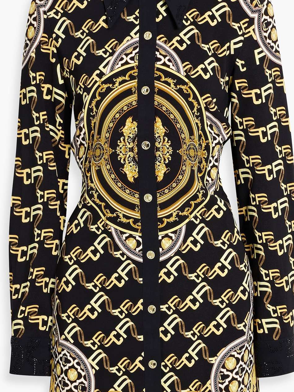 crystal-embellished printed crepe mini shirt dress