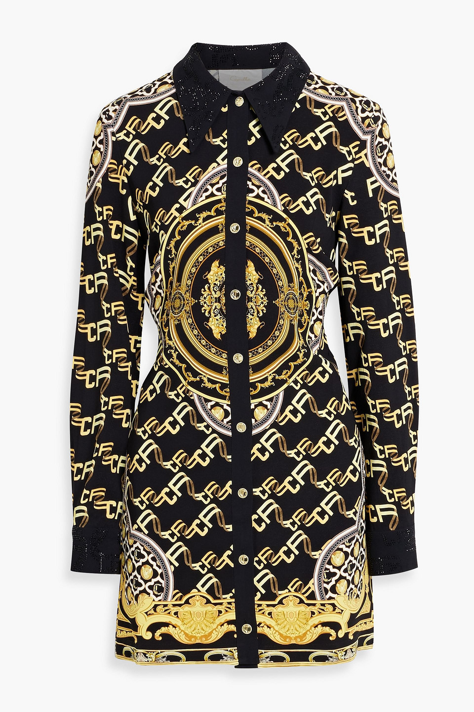 Camilla Crystal-embellished Printed Crepe Mini Shirt Dress In Black