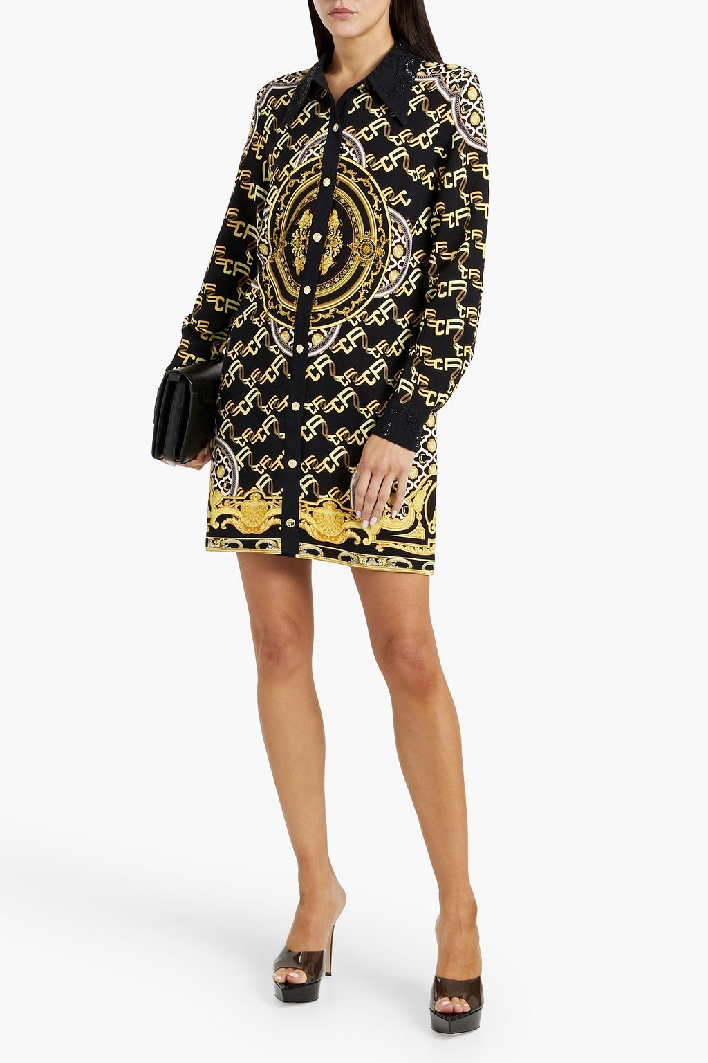 CAMILLA Crystal-embellished printed crepe mini shirt dress