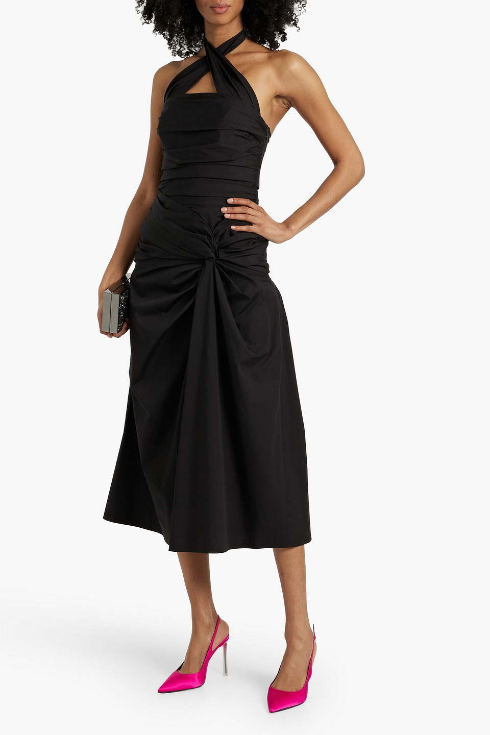 Carolina Herrera Twisted Cotton-blend Poplin Halterneck Midi Dress In Black