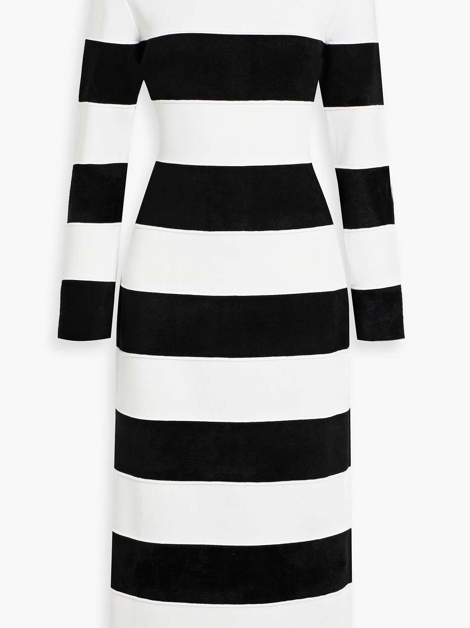 striped bouclé and stretch-knit midi dress