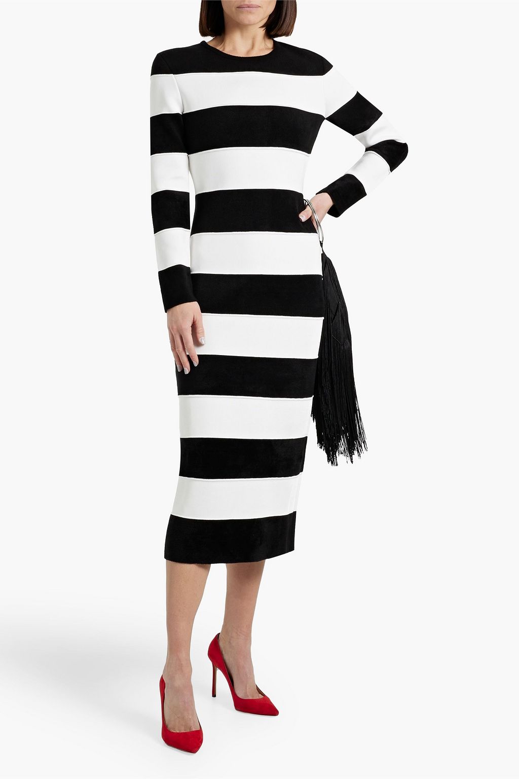 CAROLINA HERRERA Striped bouclé and stretch-knit midi dress
