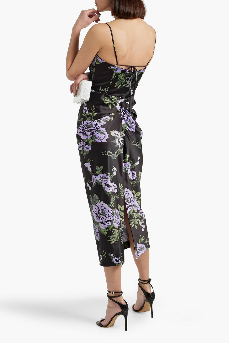 Carolina Herrera Draped Floral-print Satin Midi Dress In Black