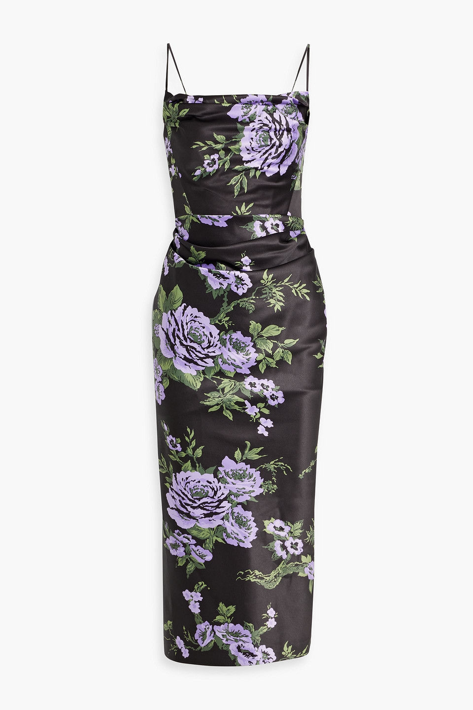 Carolina Herrera Draped Floral-print Satin Midi Dress In Black
