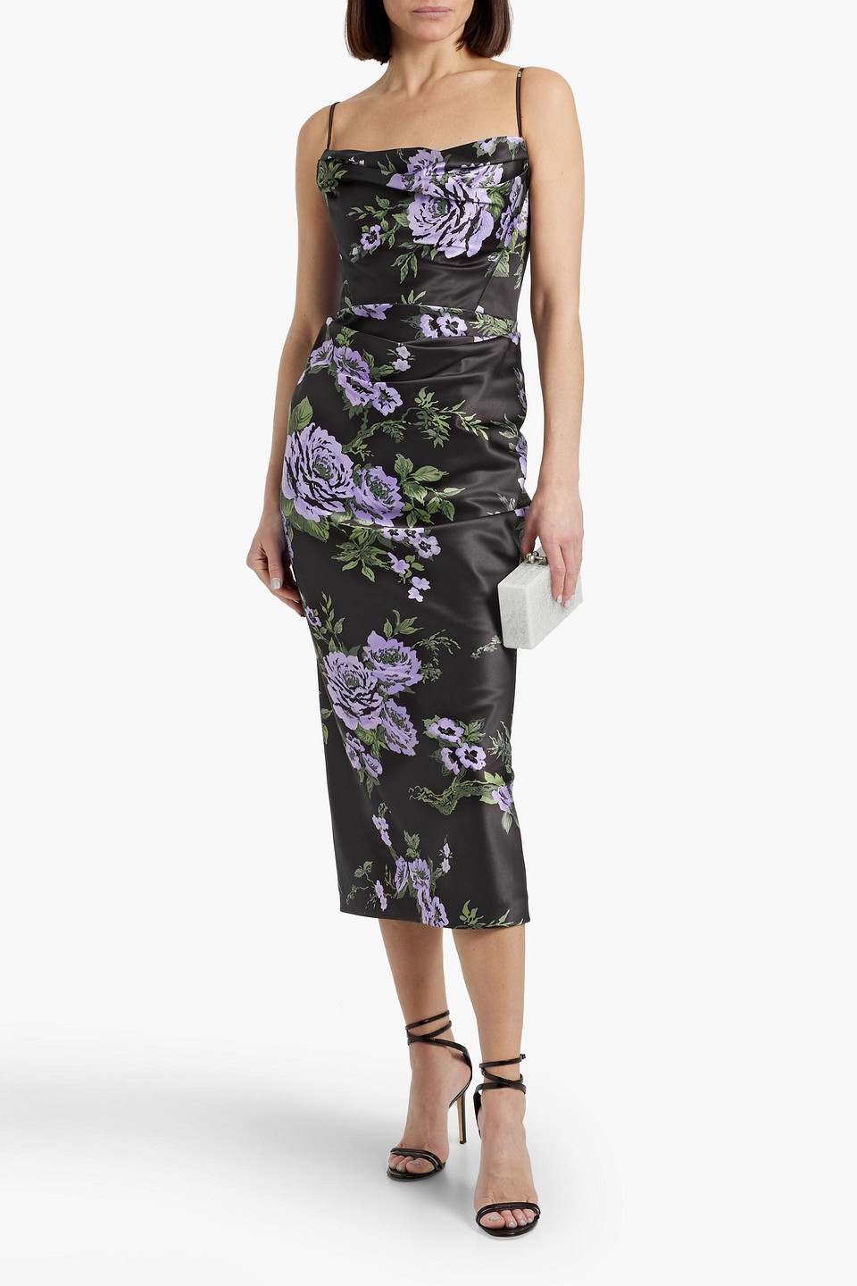 Carolina Herrera Draped Floral-print Satin Midi Dress In Black
