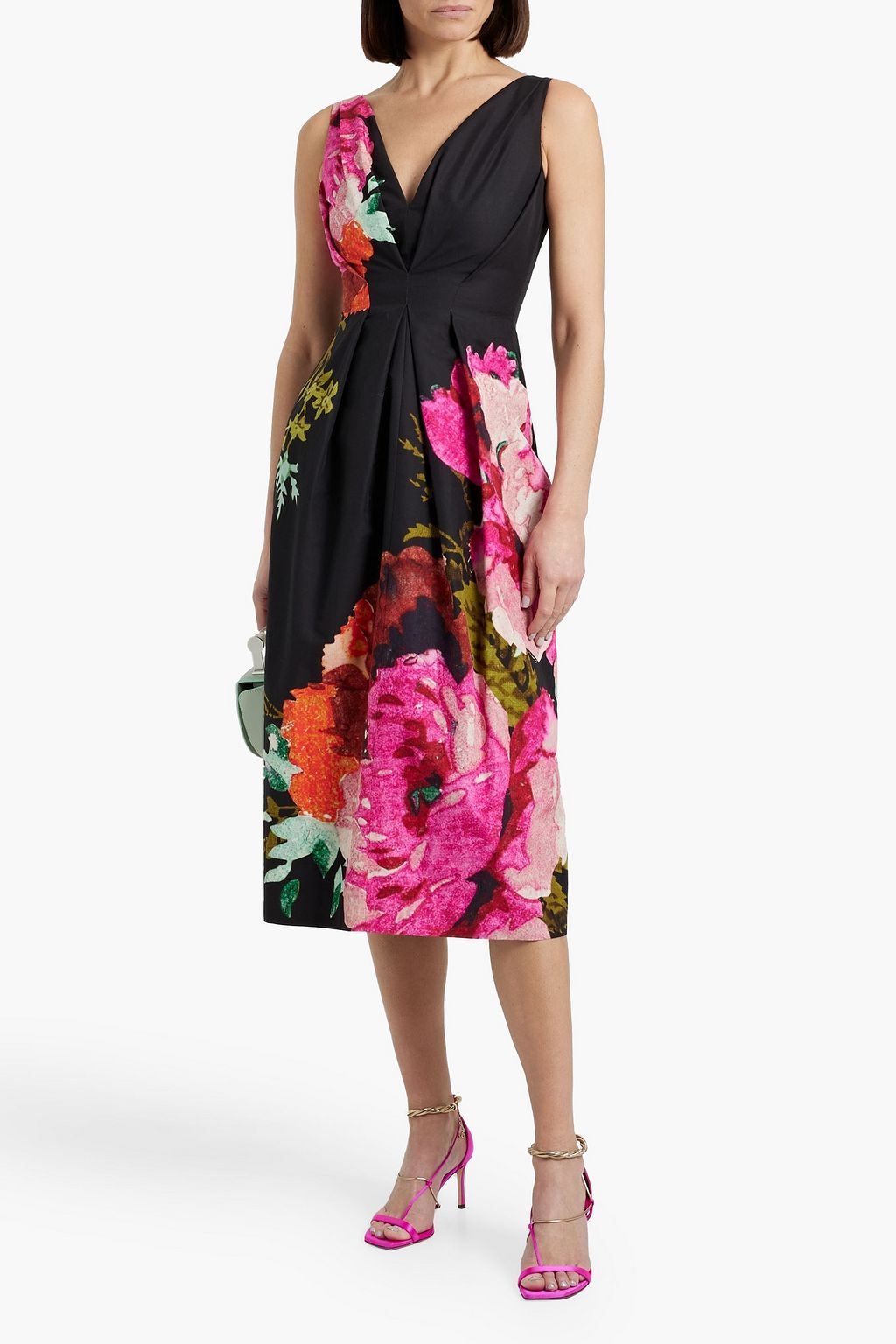 ERDEM Pleated floral-print cotton-faille midi dress