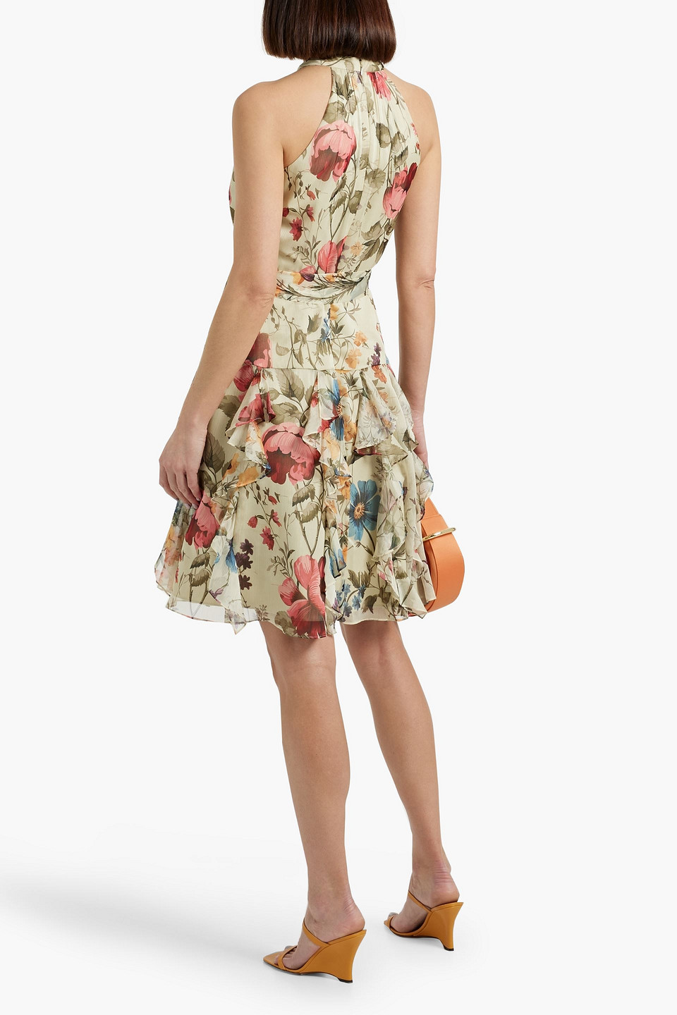 Mikael Aghal Ruffled Floral-print Chiffon Dress In Sage Green
