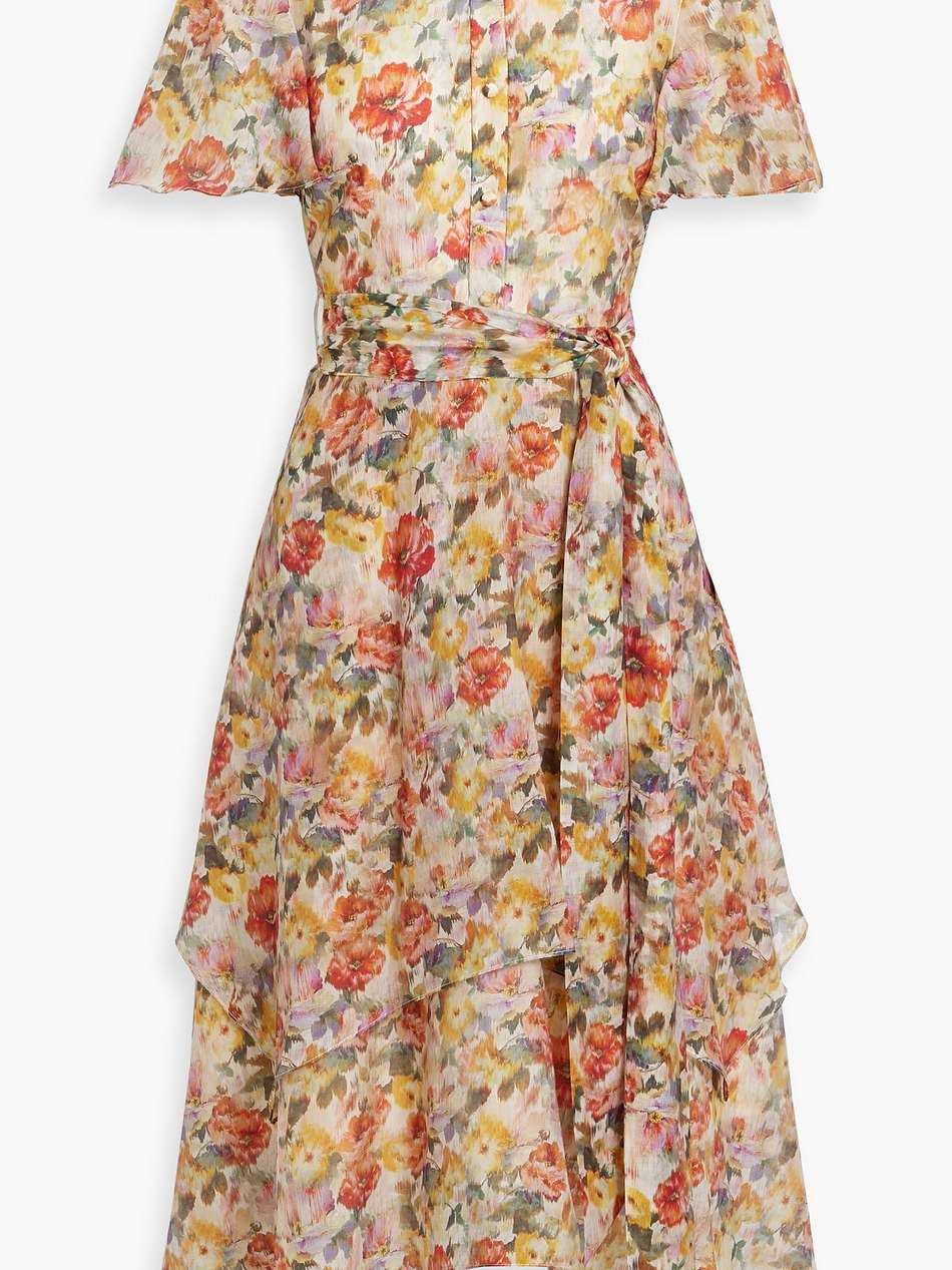 belted floral-print voile midi shirt dress