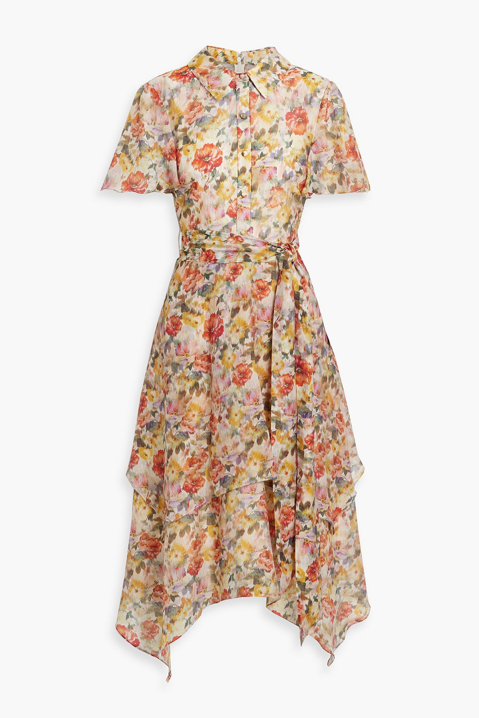 Belted floral-print voile midi shirt dress