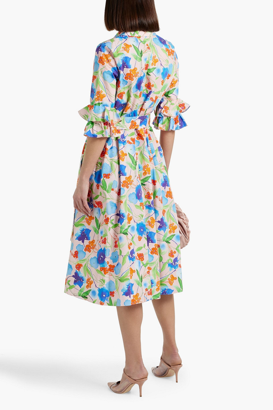 CAROLINA HERRERA BELTED FLORAL-PRINT COTTON-POPLIN MIDI SHIRT DRESS