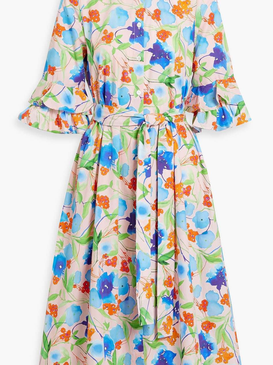 belted floral-print cotton-poplin midi shirt dress