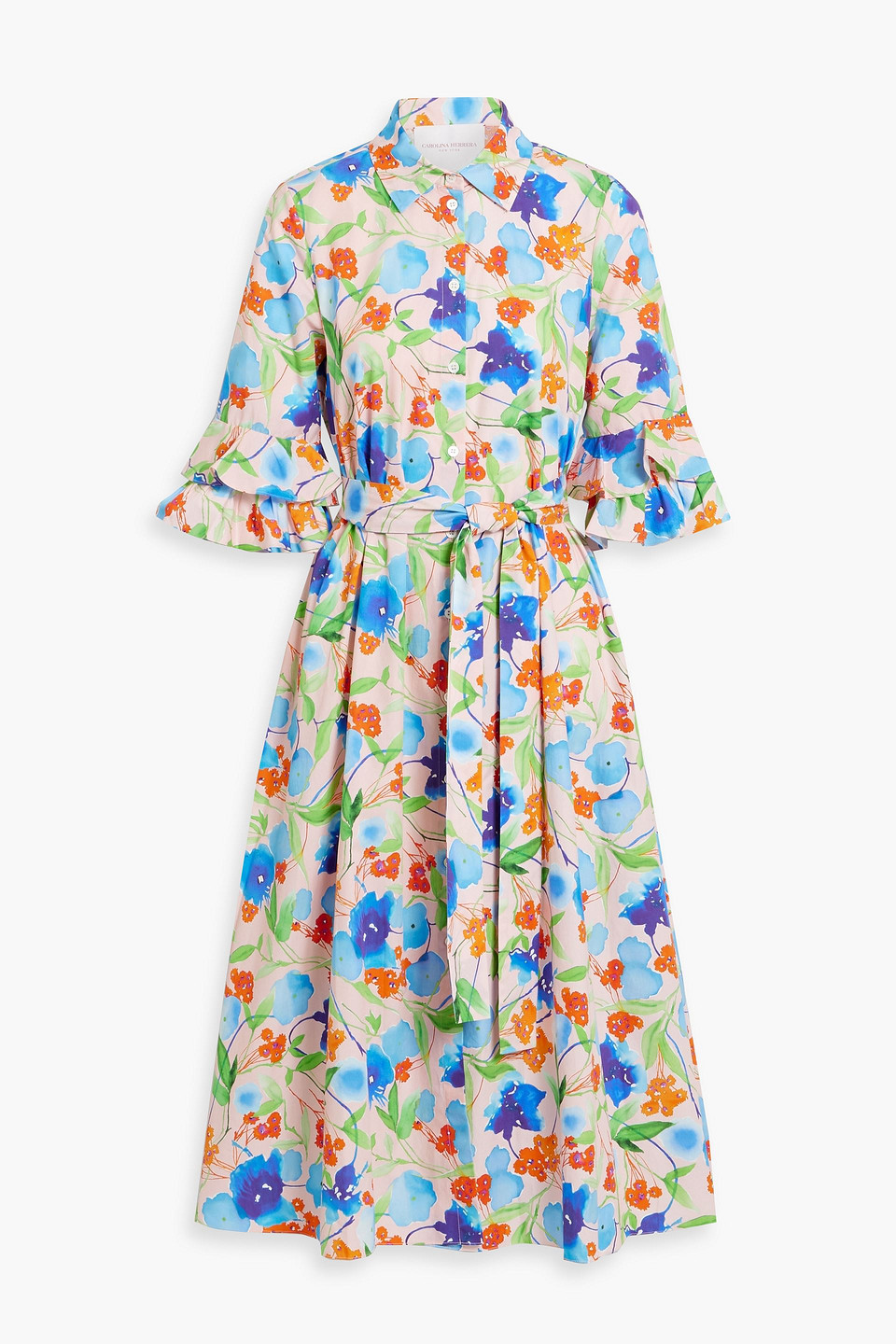 Carolina Herrera Belted Floral-print Cotton-poplin Midi Shirt Dress In Blush