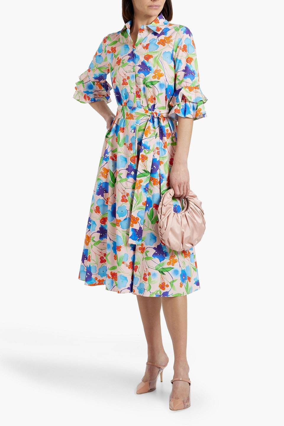 CAROLINA HERRERA BELTED FLORAL-PRINT COTTON-POPLIN MIDI SHIRT DRESS