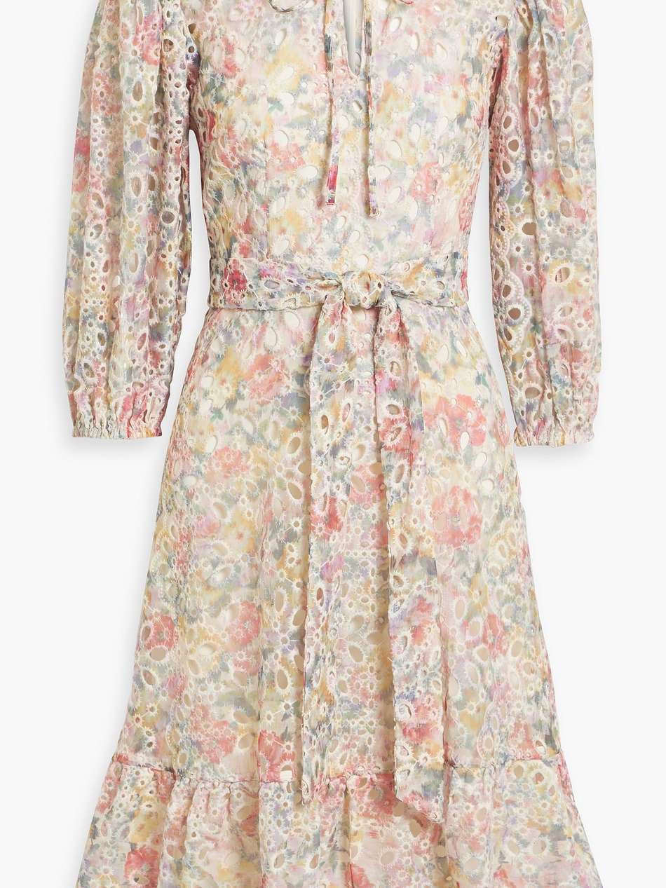 belted printed broderie anglaise midi dress