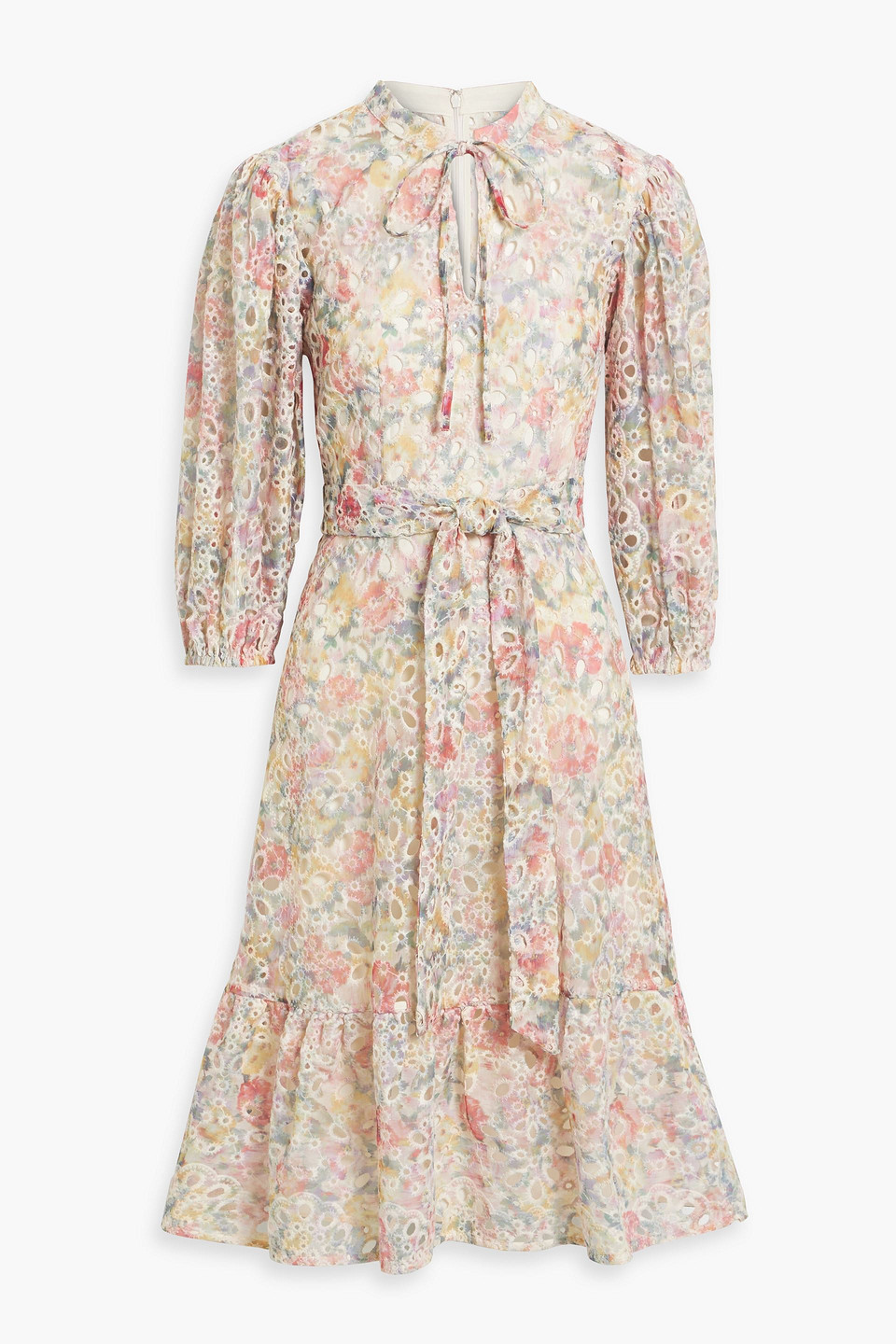Belted printed broderie anglaise midi dress