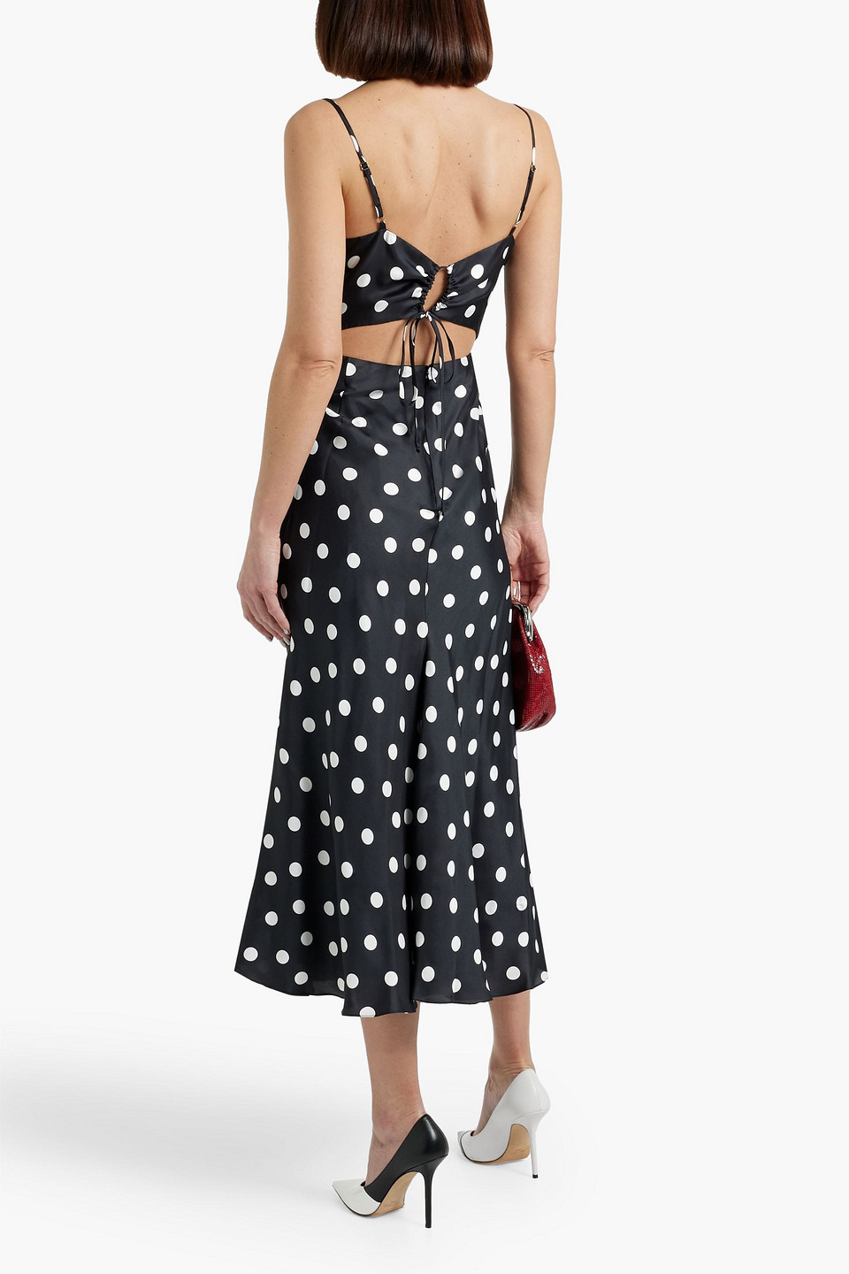 Shop Carolina Herrera Ruched Cutout Polka-dot Satin-twill Midi Dress In Black