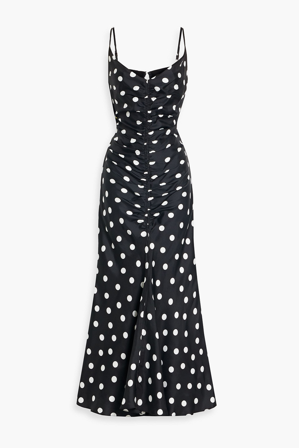 Carolina Herrera Ruched Cutout Polka-dot Satin-twill Midi Dress In Black