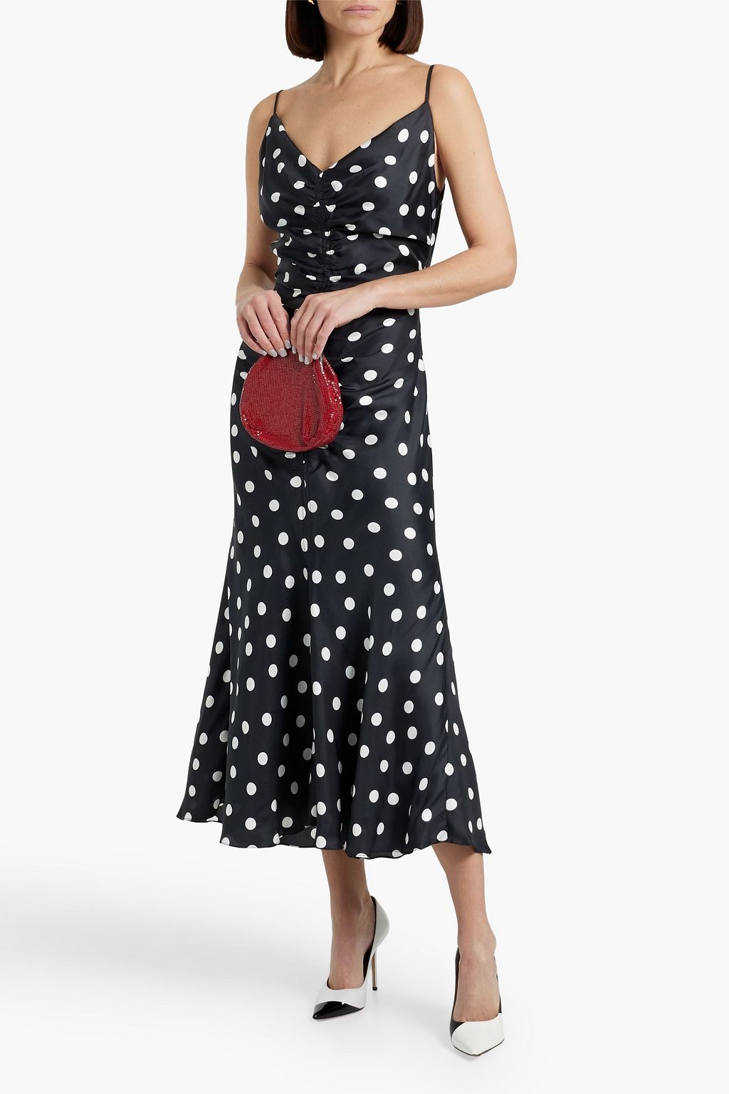 CAROLINA HERRERA Ruched cutout polka-dot satin-twill midi dress