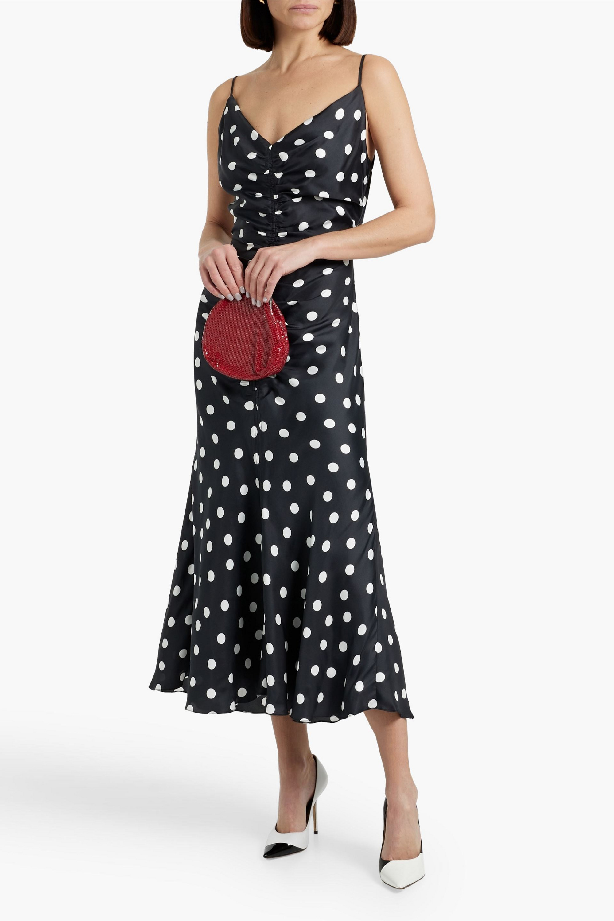 Carolina Herrera Ruched cutout polka-dot satin-twill midi dress