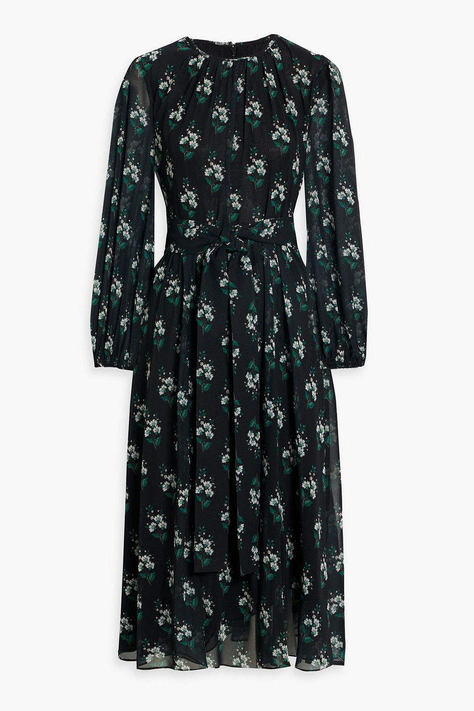 Carolina Herrera Gathered Floral Print Midi Dress With Tie Belt In Black