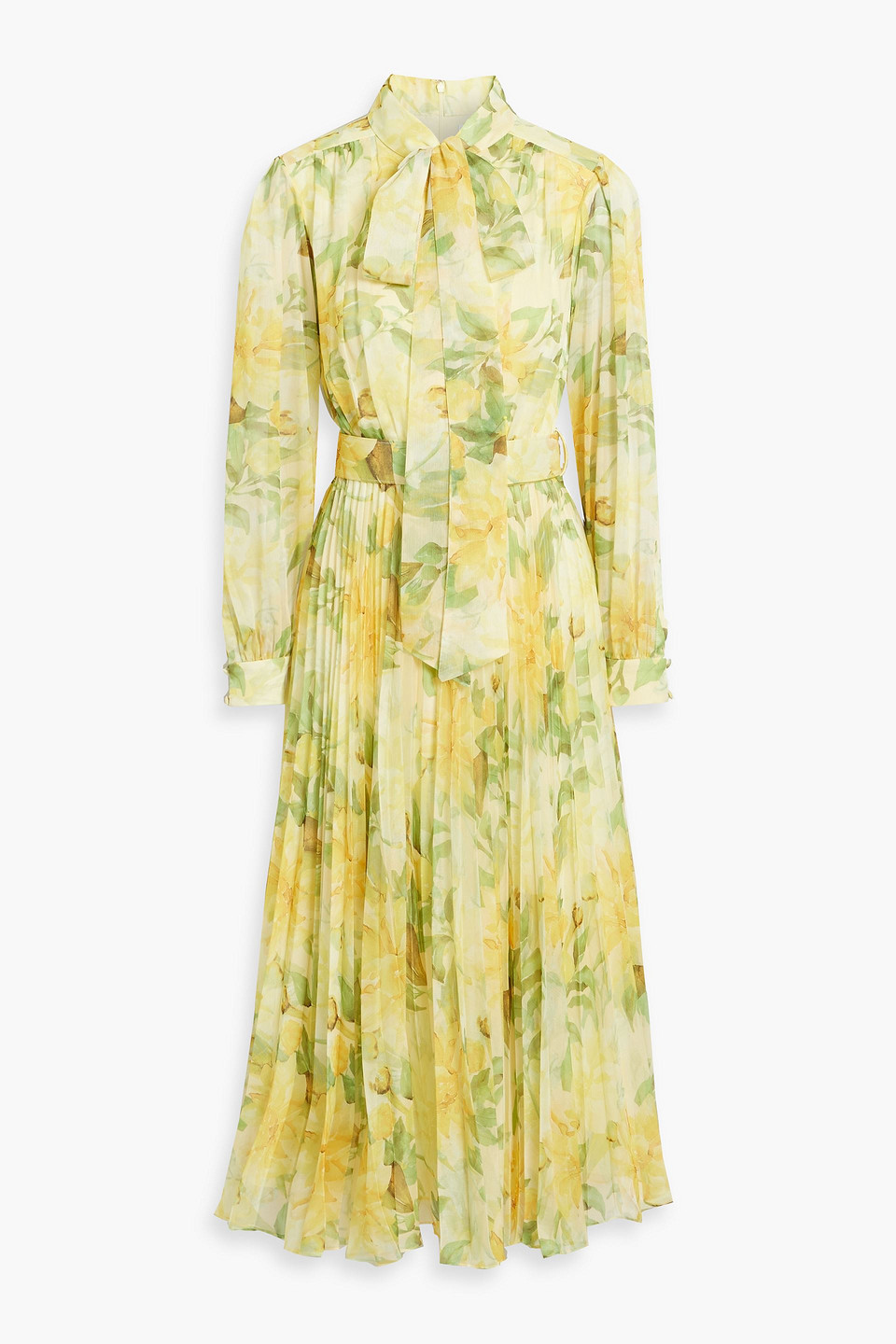 Pleated floral-print chiffon midi shirt dress