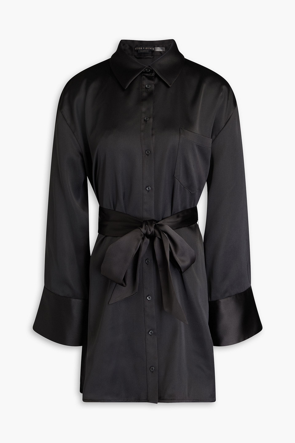 Alice And Olivia Finely Belted Satin Mini Shirt Dress In Black