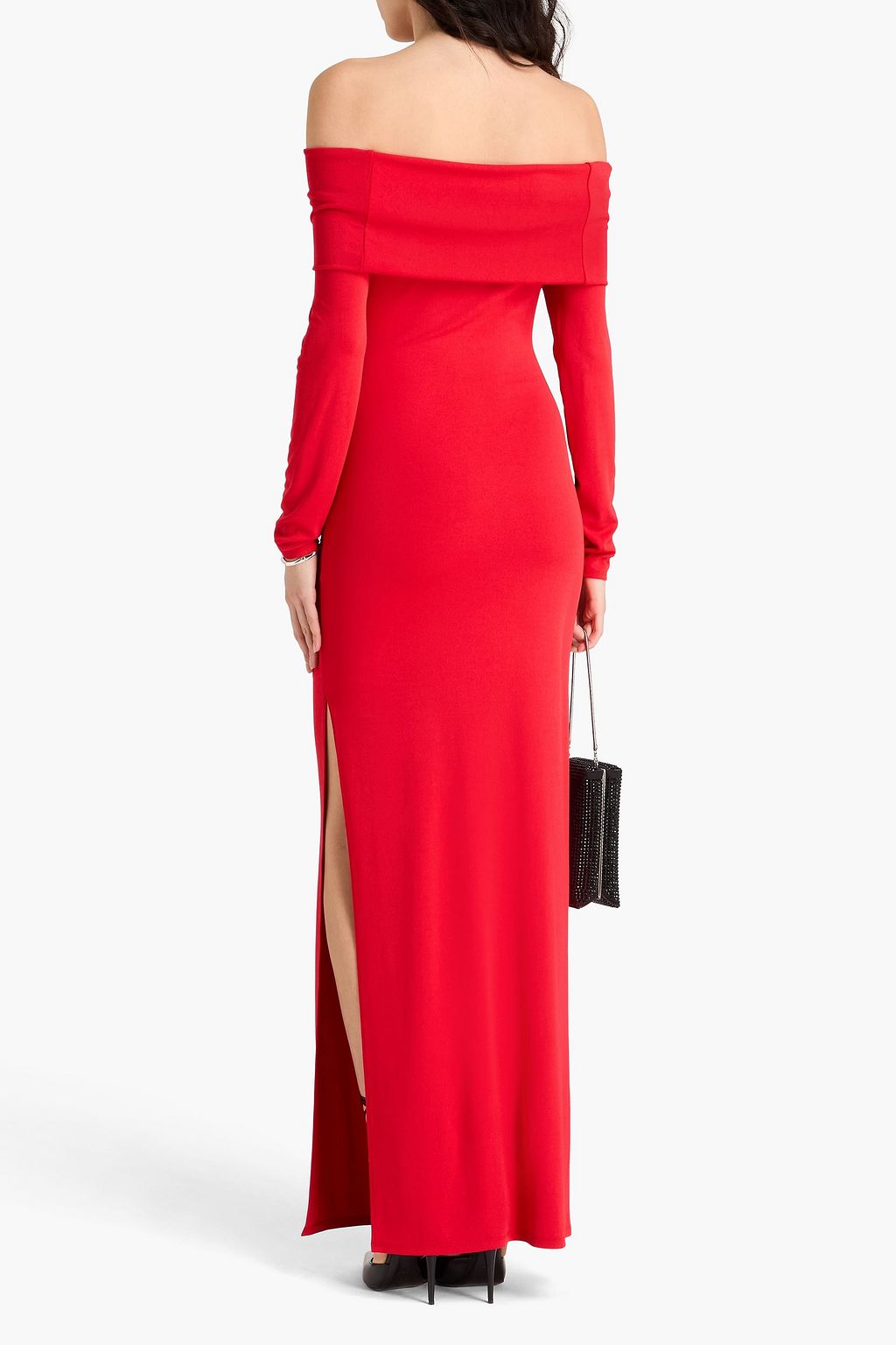 ALICE + OLIVIA فستان كوريتا طويل من الجيرسي المطاط بتصميم مكشوف الكتفين