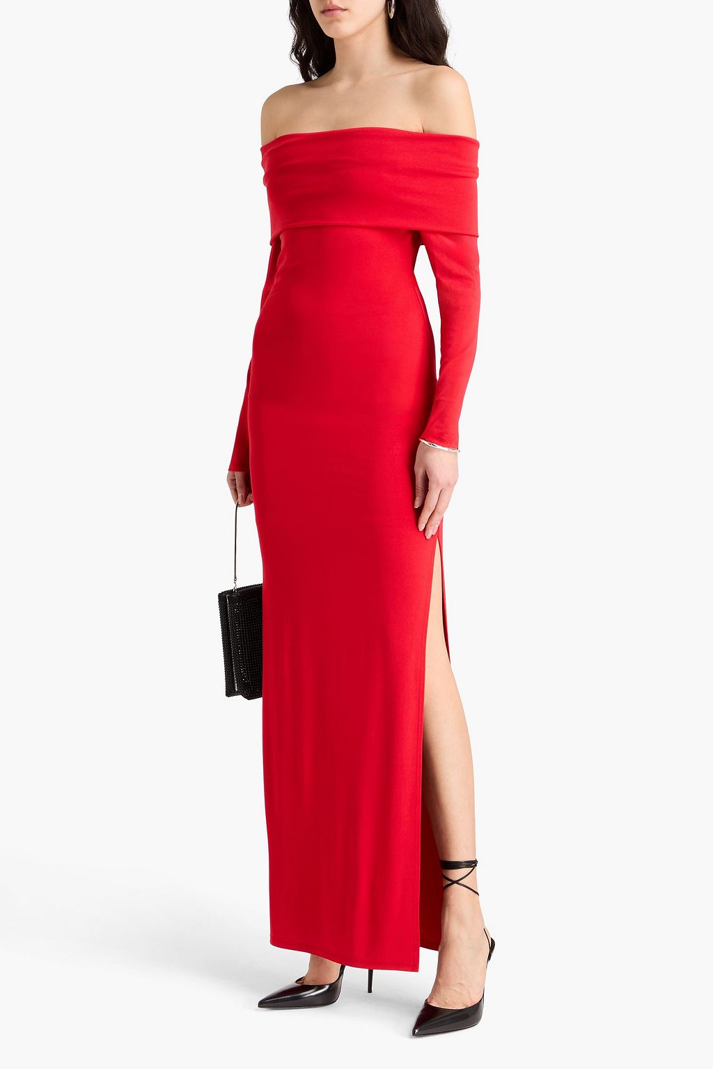 ALICE + OLIVIA فستان كوريتا طويل من الجيرسي المطاط بتصميم مكشوف الكتفين